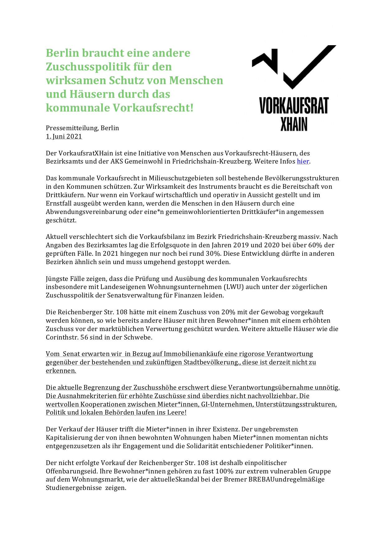 Berlin braucht eine andere Zuschusspolitik für den wirksamen Schutz von Menschen und Häusern durch das kommunale Vorkaufsrecht!