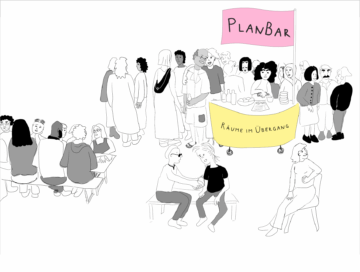 Illustration einiger Menschen vor einer Bar